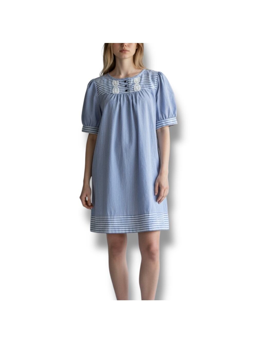 Tibi Size 6 Blue Embroidered Short Sleeve Shift Dress Cottagecore